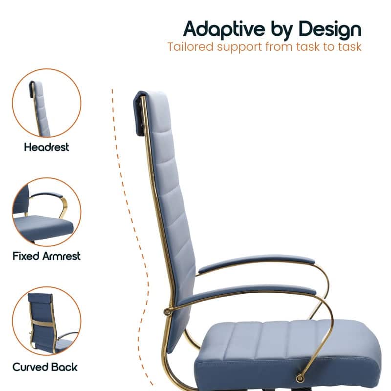 Benmar Ergonomic Ribbed Back Gold Frame Leather Executive Office Chair with Adjustable Height, Tilt, Swivel & Smooth Casters