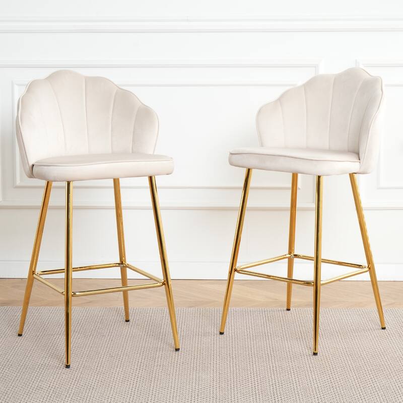 Velvet Shell Bar Stools Set of 2, Counter Height Chairs with Metal Legs, Upholstered Kitchen Island Chairs with Footres - Off White