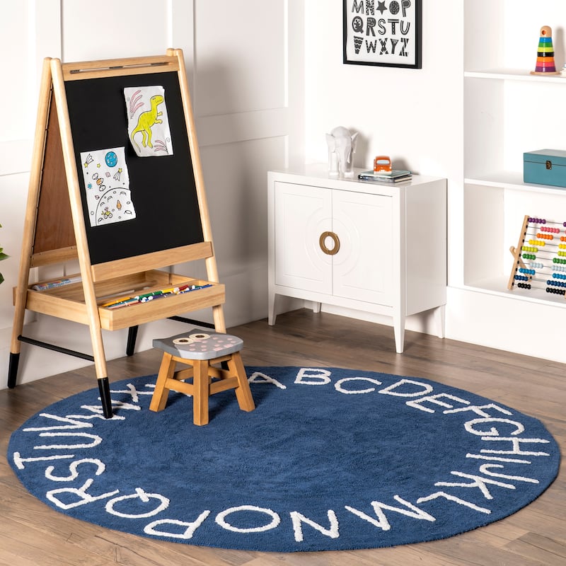 Nuloom Alphabet SpinClean Washable Round Rug - 4' Round - Navy - Round