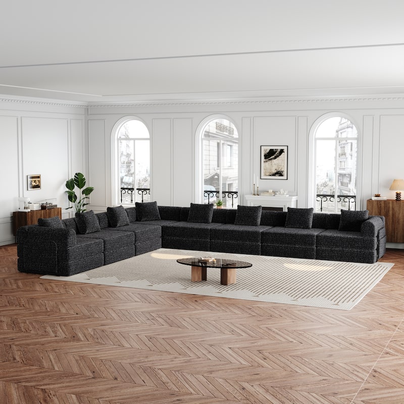8 Seater Folding Couch Modular Chenille Sectional Sofa Freely Combined Sleeper Sofa Bed with Storage Pockets and Anti-slip Pads - Black