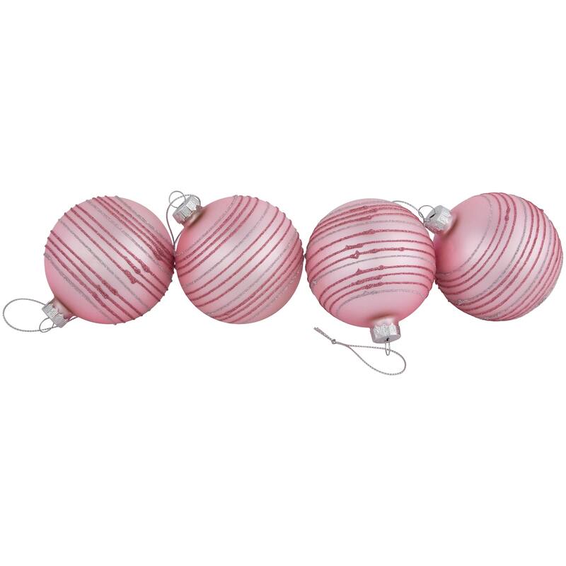 Glitter Striped Glass Christmas Ball Ornaments - 3" (80mm) - Pink - 4ct