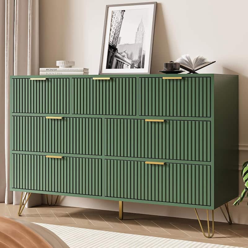 FURNIWAY Fluted Drawer Dresser for Bedroom - Green - 7-drawer