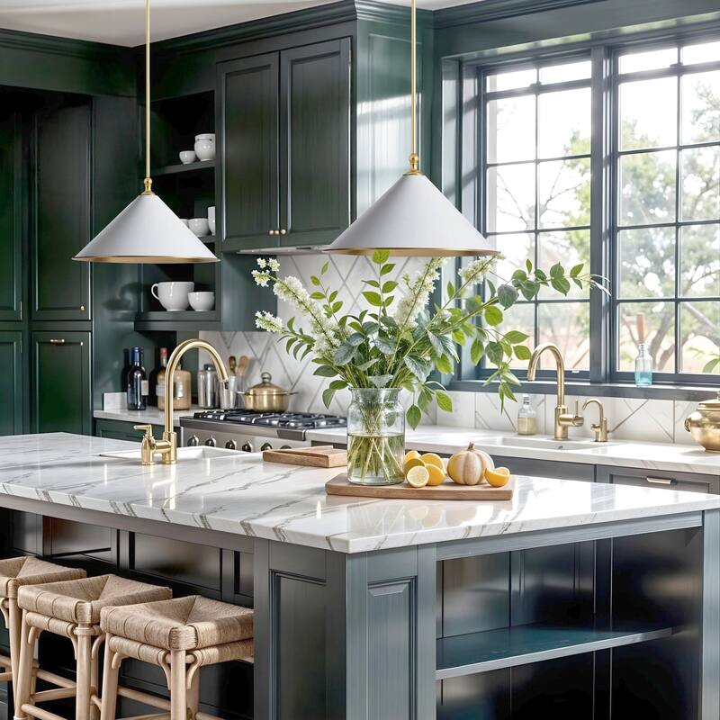 Giza Modern Pendant Light - Metal & Gold, White Cone Light Fixture For Mid-Century, Modern, Contemporary Room Decor - 17"