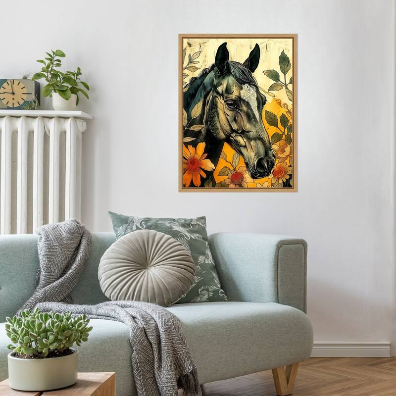 Dark Horse in Flowers by Justyna Jaszke Framed Canvas Wall Art