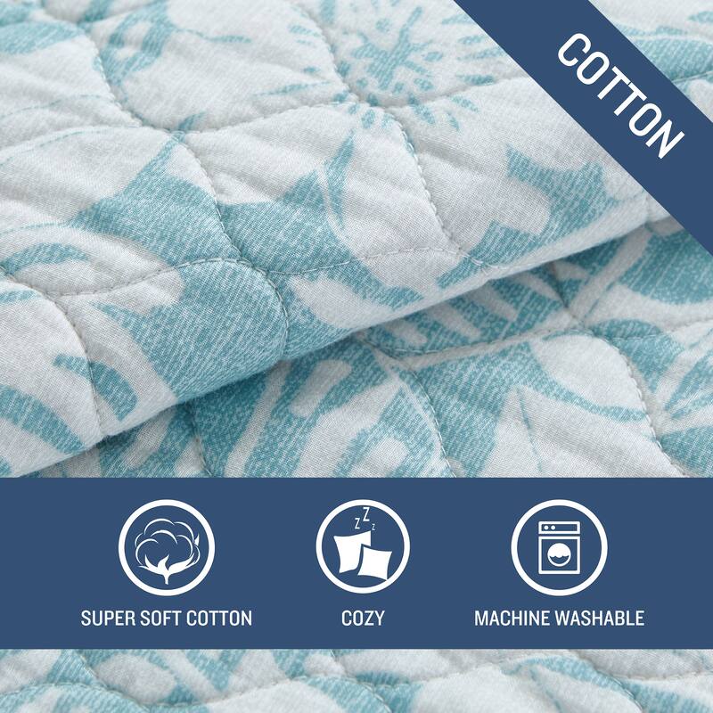 Tommy Bahama Laguna Beach Floral Print Reversible Cotton Quilt (Blue, 3 Piece Set)