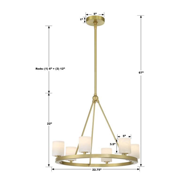 Aragon 6 Light Soft Brass Chandelier - 22.75"W x 18"H x 24"D