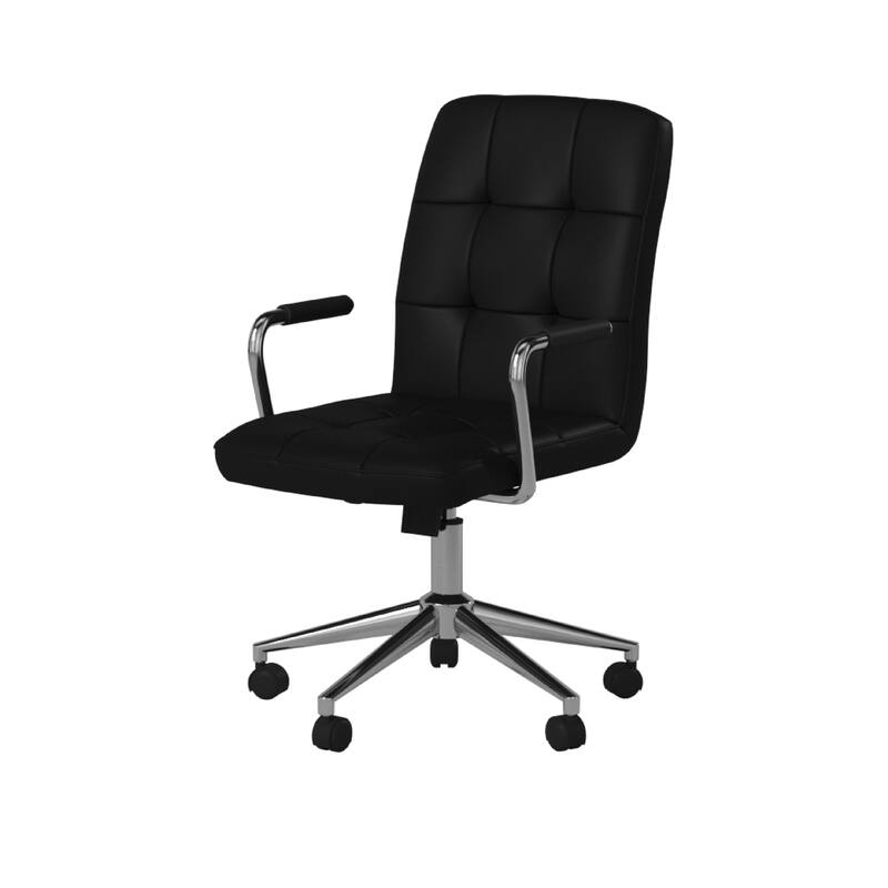 Sela Swivel Office Armchair, Tufted Black Seat & Back, Chrome Base