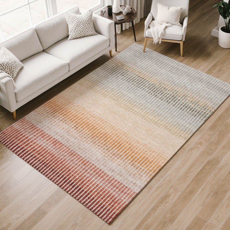 Machine Washable Indoor/ Outdoor Contemporary Stripes Chantille Rug