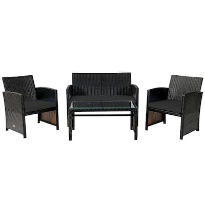 Black Mix Brown Rattan 4 Piece Sofa Set with Coffee Table Outdoor - 43.5" x 25" x 31" (L x W x H)