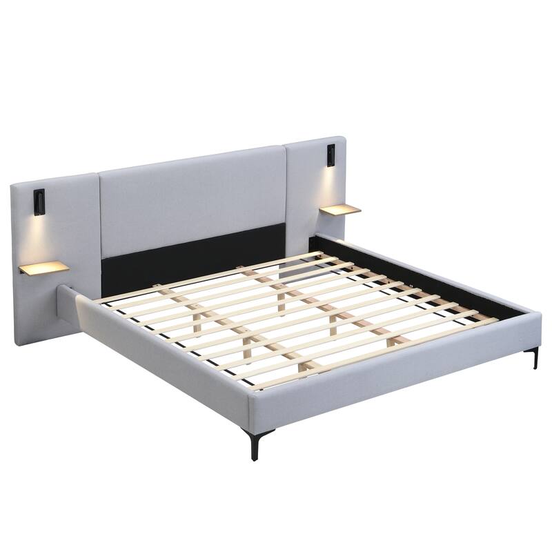 Linen Upholstered Bed with Integrated Lights and Shelves - King