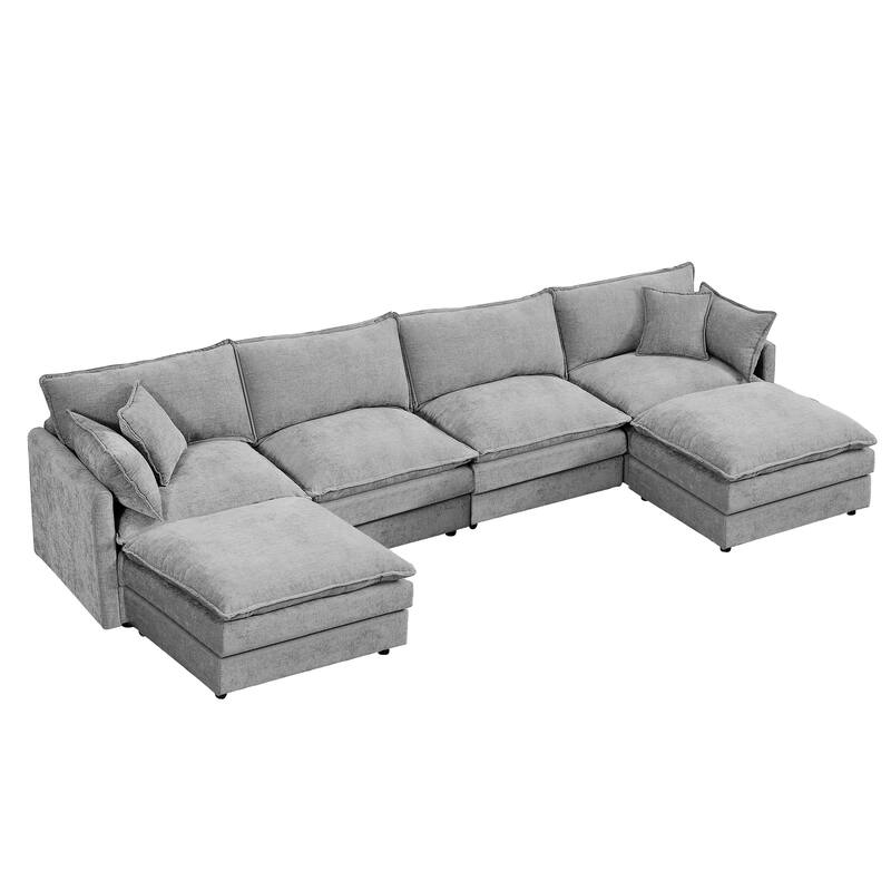 U Shaped Modular Sectional Sofa with Movable Ottoman, Comfy Chenille 4-Seater Cloud Couch, High-Resiliency Foam Deep Seat Sofa