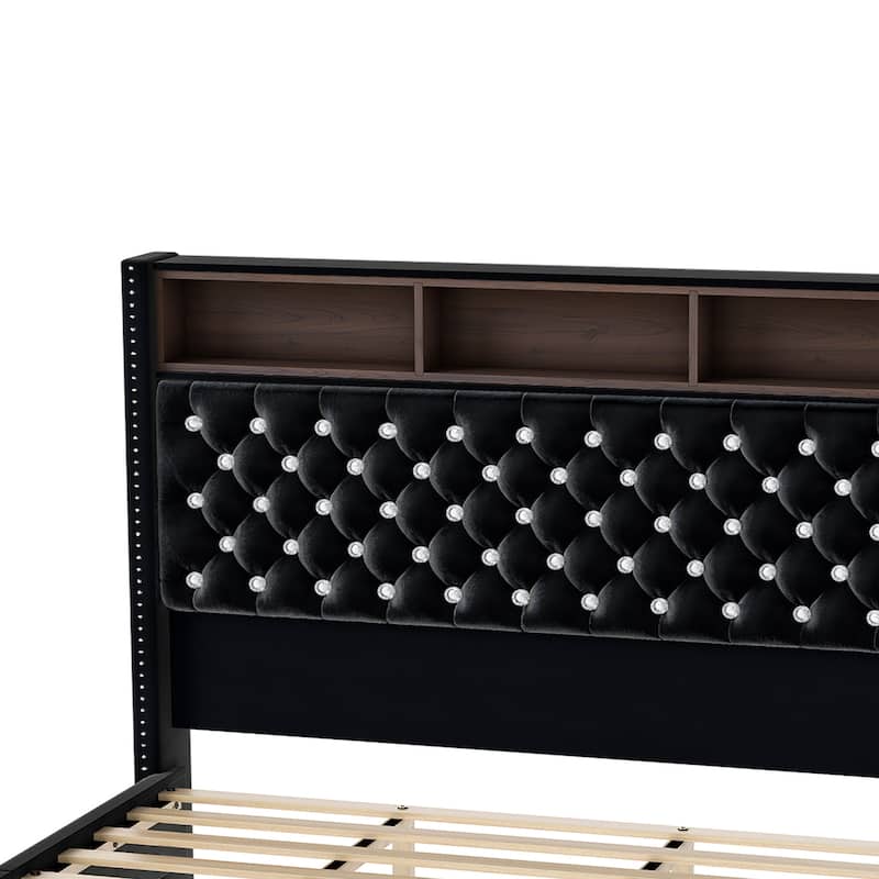 Moasis King Size Velvet Upholstered Bed Frame with Storage Headboard with USB Charging Stations