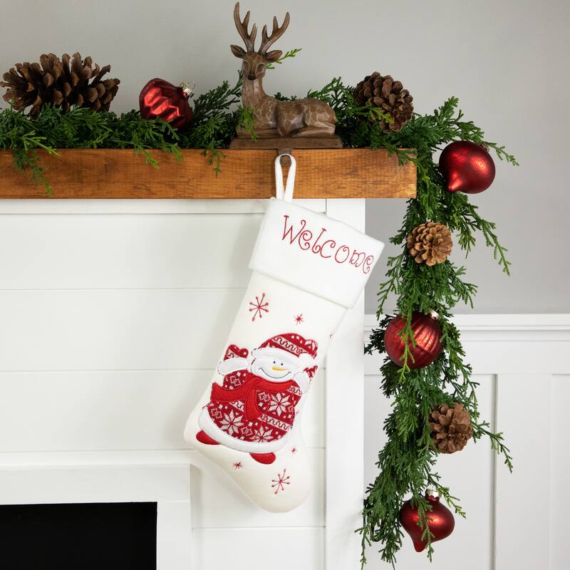 17" White and Red "Welcome" Snowman Embroidered Christmas Stocking