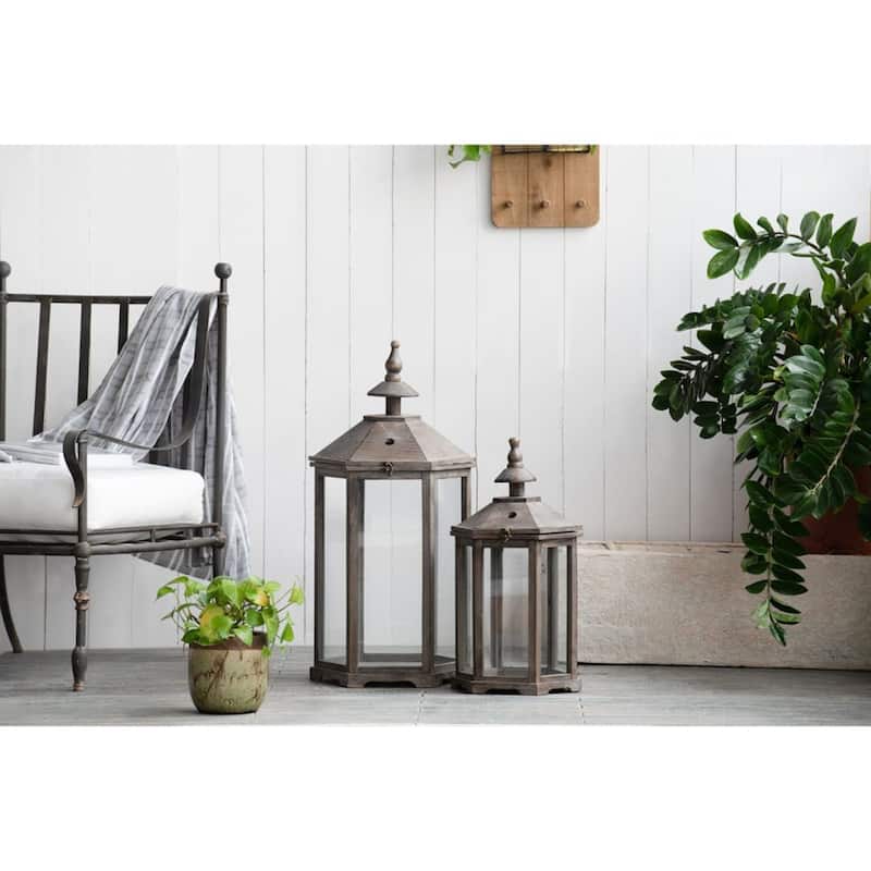 Polygon Temple Wooden Lanterns - 31" - Brown - Set of 2