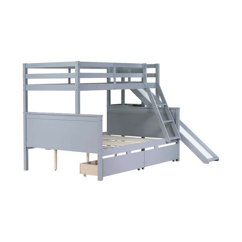 Twin over Full Bunk Bed with Slide, Drawers, Shelves, and Ladder in Grey