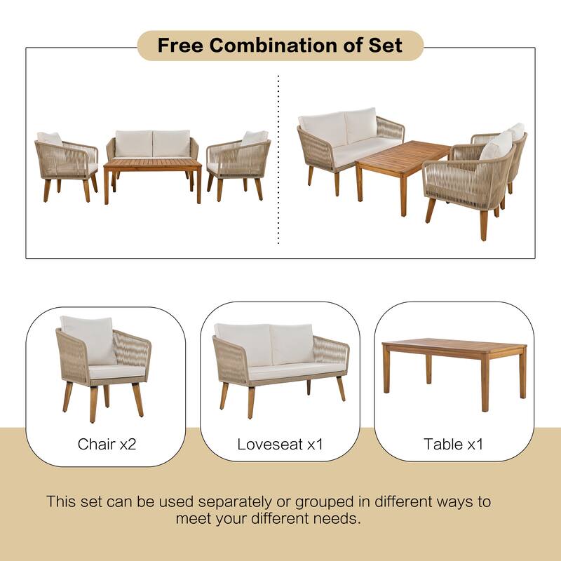 4-Piece Outdoor Patio Furniture Set with Loveseat, Cushions, and Rope Design Chairs for Backyard, Poolside, and Garden