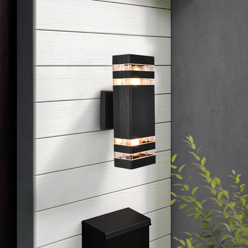 2 Pack 12 in. 2-Light Mid-Century Modern Black Square Outdoor Waterproof Lantern Wall Sconces - 4.33 in. W x 12.09 in. H