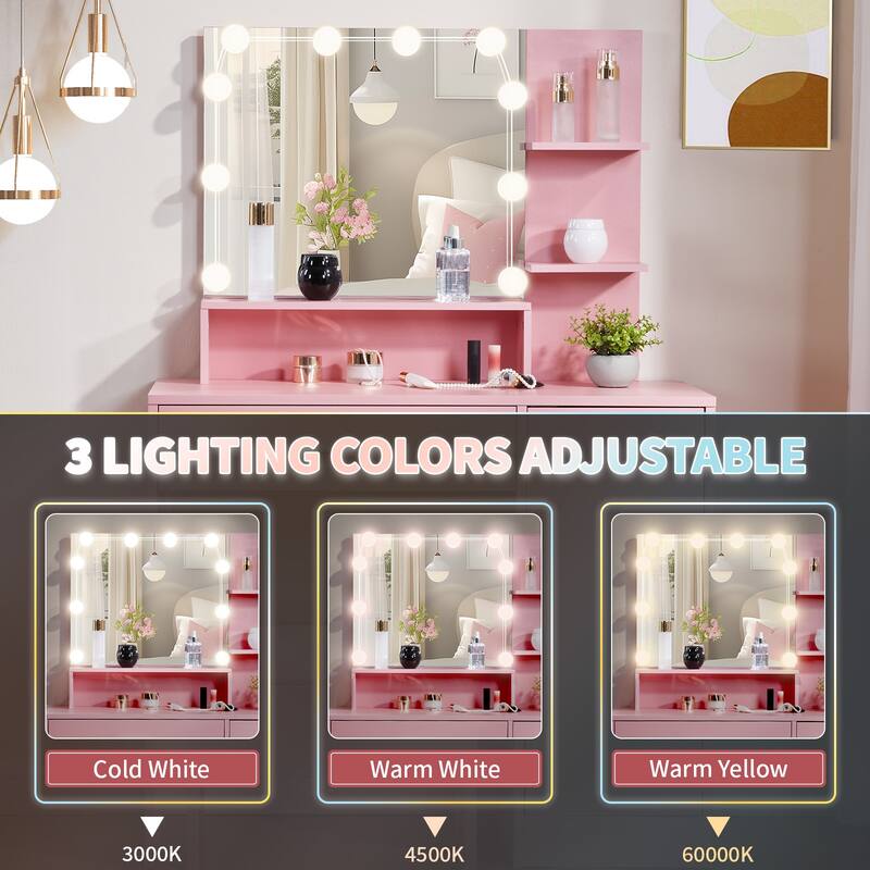 Vanity Set Pink Particle Board 1 Drawer 1 Door 3 Shelves Lamp - 29.53" x 15.55" x 53.27"