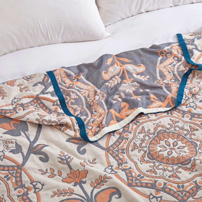 100% Cotton Boho Floral Thermal Breathable Jacquard Throw Blankets