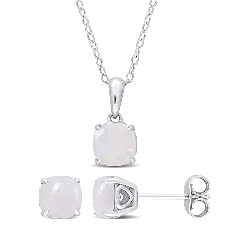 Miadora 1-9/10ct TGW Cushion-Cut Opal 2-Piece Solitaire Necklace and Stud Earrings Set Sterling Silver