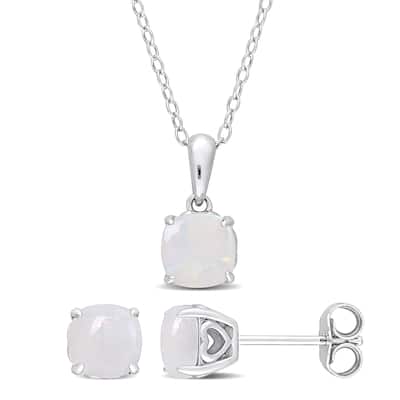 Miadora 1-9/10ct TGW Cushion-Cut Opal 2-Piece Solitaire Necklace and Stud Earrings Set Sterling Silver