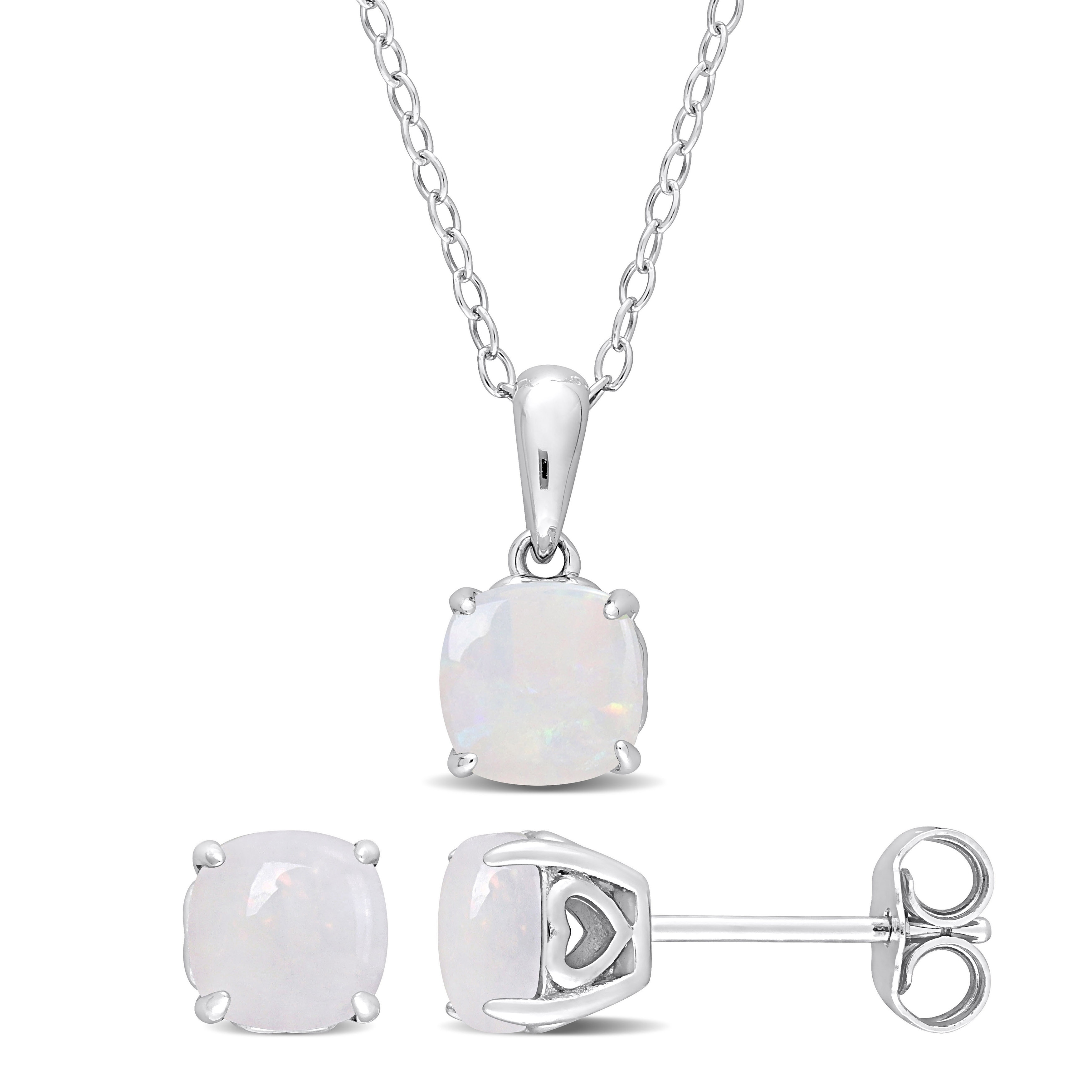 Miadora 1-9/10ct TGW Cushion-Cut Opal 2-Piece Solitaire Necklace and Stud Earrings Set Sterling Silver