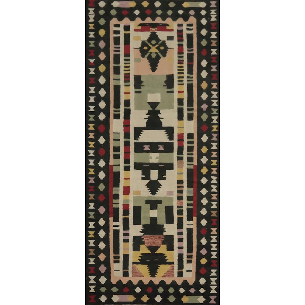 Hand Woven Oriental 100% Wool Carpet Southwestern Tribal Multi-Colored Kilim Runner Rug - 12' 3'' X 4' 4''