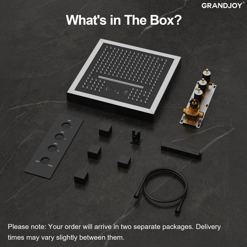 GRANDJOY Thermostatic LED Rain and Waterfall Shower System with Handheld, Built-In Music Function