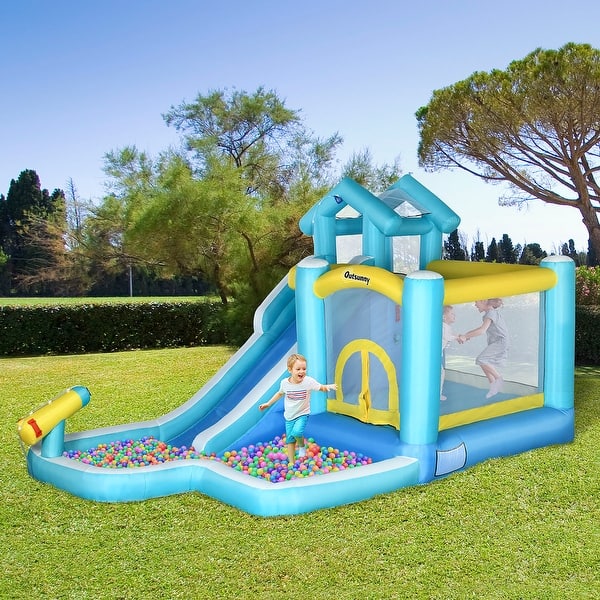 slide 2 of 9, Outsunny 5-in-1 Inflatable Water Slide, Kids Castle Bounce House Includes Slide, Trampoline, Pool, Water Gun, Climbing Wall 5-7 Years