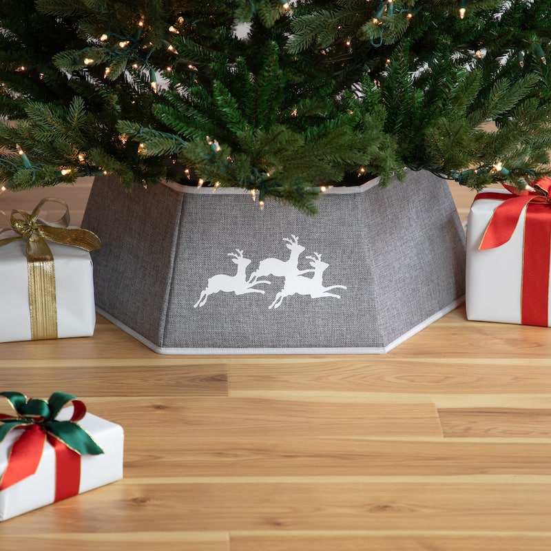 26" Gray Burlap with Reindeer Hexagonal Christmas Tree Collar - Grey