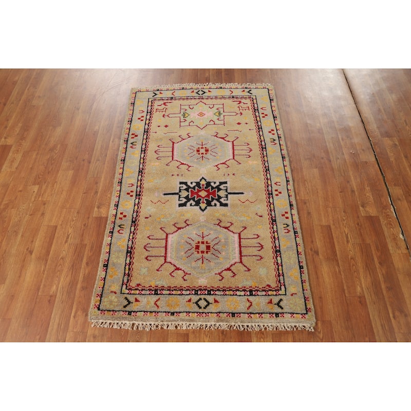 Geometric Khotan Foyer Rug Handmade Oriental Wool Carpet - 3'1" x 4'11"