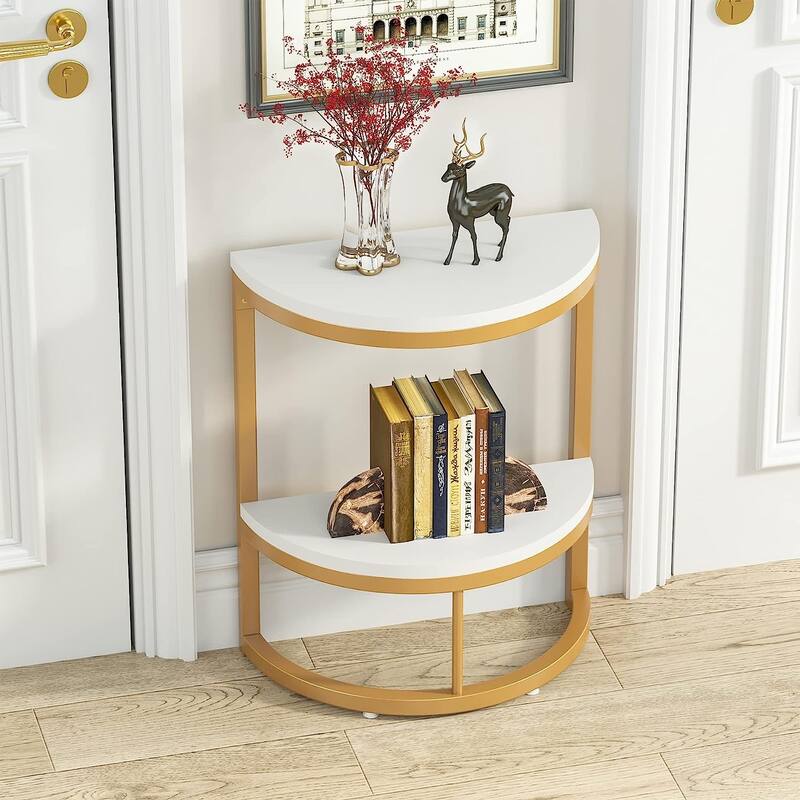 Half Round End Table, Narrow Side Table Slim C Table with Metal Frame
