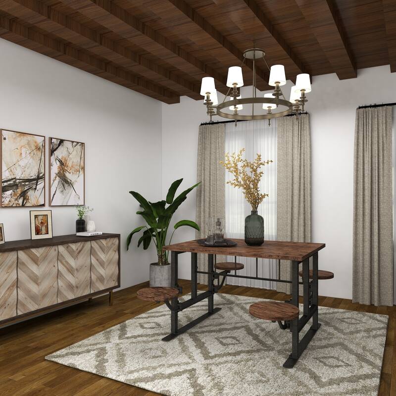 Brown Teak Wood Dining Table with Two, Four or Eight Attached Seats