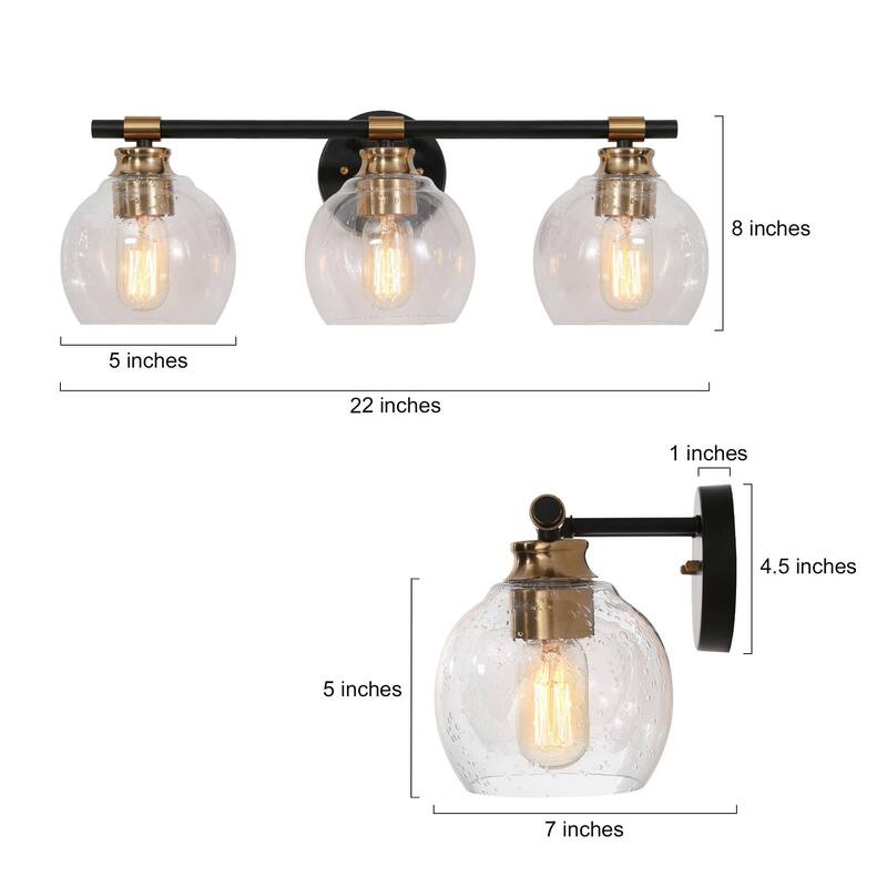 Modern 2/3-Light Black Gold Bathroom Vanity Light Dimmable Globe Seeded Glass Wall Sconces