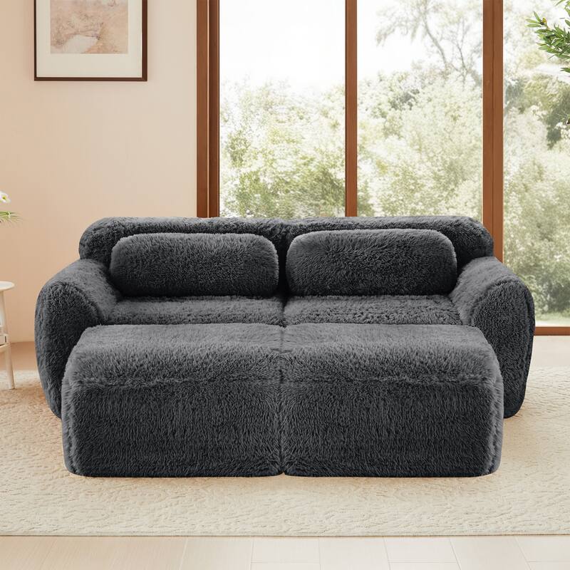 80" Soft Plush Fabric,Boneless Sofa, No Assembly Required, Bottom Anti-Slip Design With Chaise, With Ottoman, Deep Seat Design