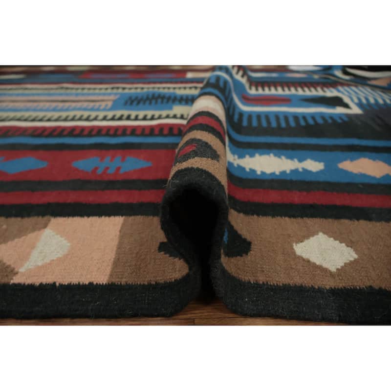 Hand Woven Oriental 100% Wool Carpet Southwestern Tribal Navy Blue & Blues Kilim Area Rug - 9' 11'' X 5' 4''