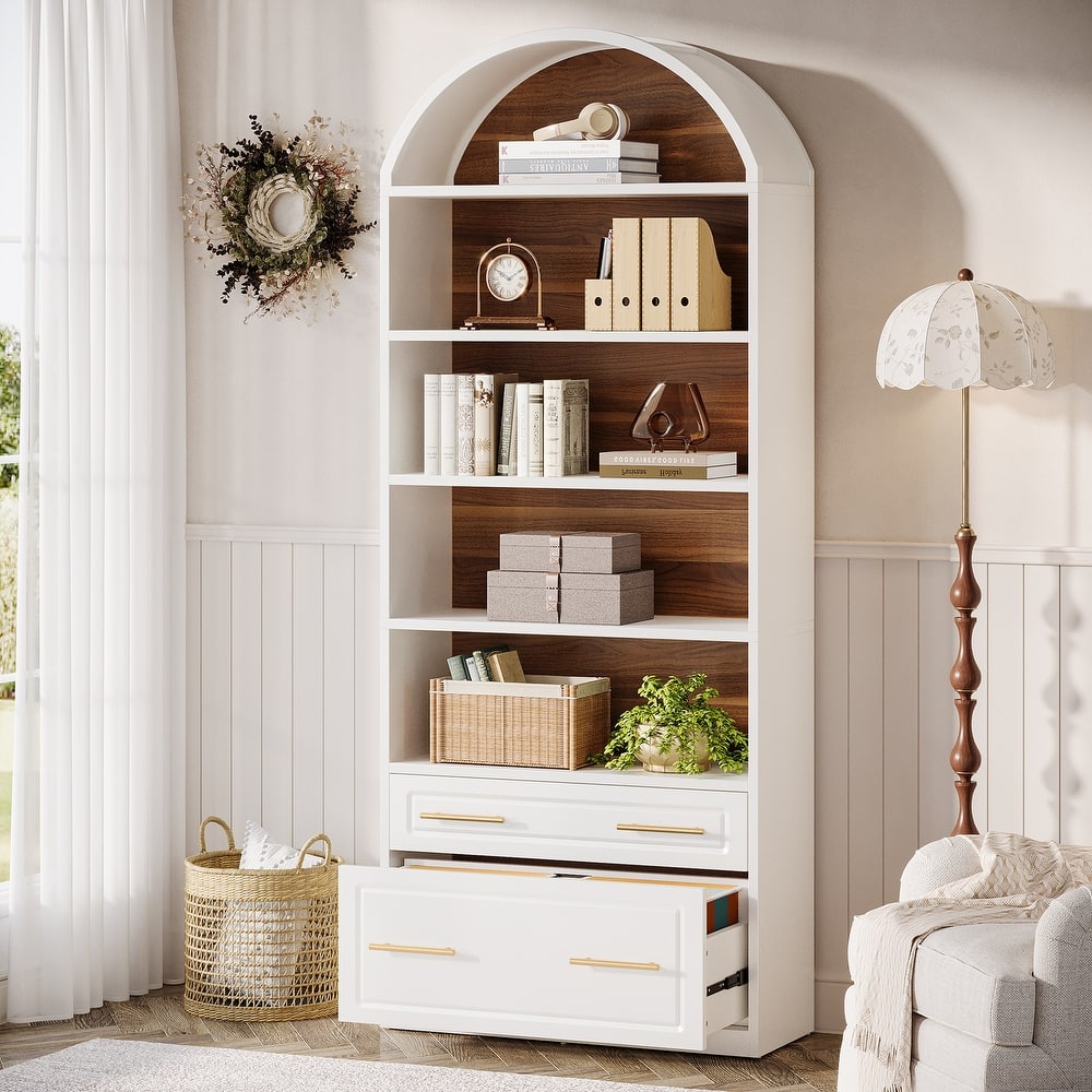 76.8" Tall Arched Bookcase, 5-Tier Modern Bookshelf with File Cabinet Drawer