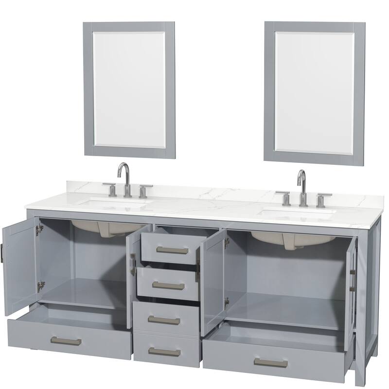Sheffield 80-inch Double Vanity, 3 Hole Quartz Top, 24-inch Mirrors