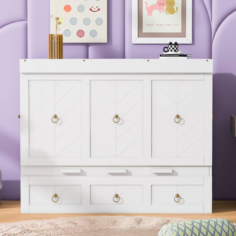 Space-Saving Queen Murphy Bed with Built-in USB Charging, Large Storage Drawer & Dual Finish Options - White