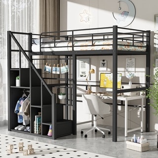 Twin Size Metal Loft Bed with Storage Staircase and Small Wardrobe