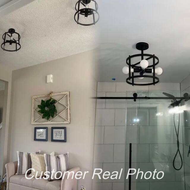 Raretta Modern Black 4-Light Metal Drum Farmhouse Lantern Semi-flush Ceiling Light for hallway - W11.8"xH13.2"