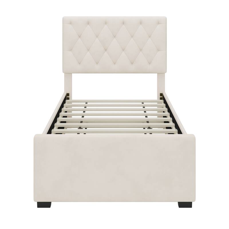 Twin Size Velvet Fabric Upholstered Platform Bed with Trundle Bed