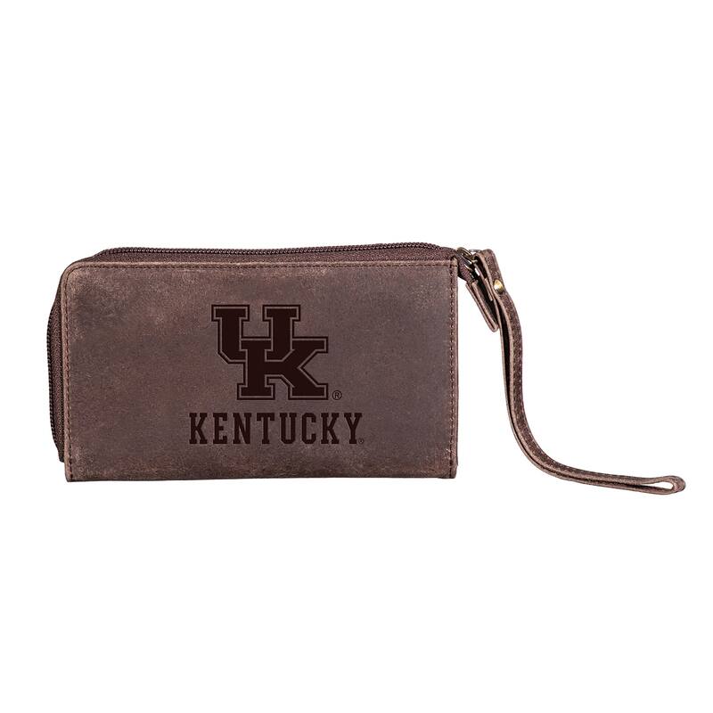 Brown Leather Cell Phone Wristlet Wallet, University of Kentucky - 4" x 7"