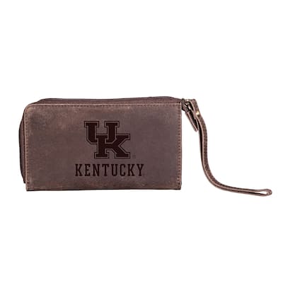 Brown Leather Cell Phone Wristlet Wallet, University of Kentucky - 4" x 7"