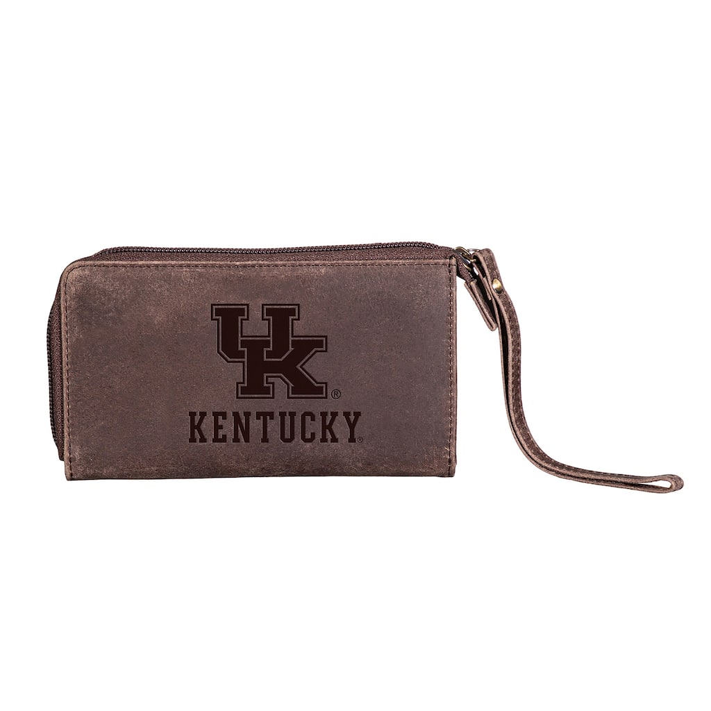 Brown Leather Cell Phone Wristlet Wallet, University of Kentucky - 4" x 7"