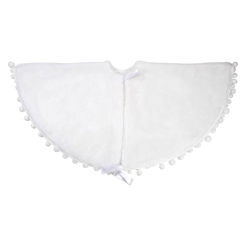 36" White Christmas Tree Skirt With a Pom Pom Border and Tie Backs - 36