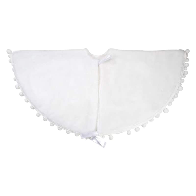 48" White Christmas Tree Skirt With a Pom Pom Border
