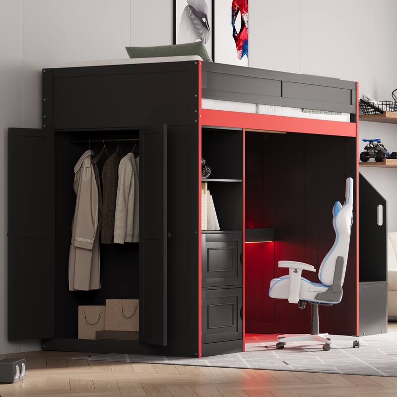 GDFStudio - GameZone Modern Wooden Gaming Loft Bed with Desk, Storage and LED Lighting
