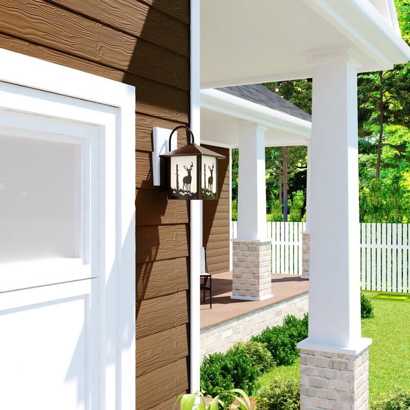 Bryce 1 Light Bronze Rustic Deer Tree Outdoor Wall Lantern White Glass - 8-in W x 12.5-in H x 9-in D