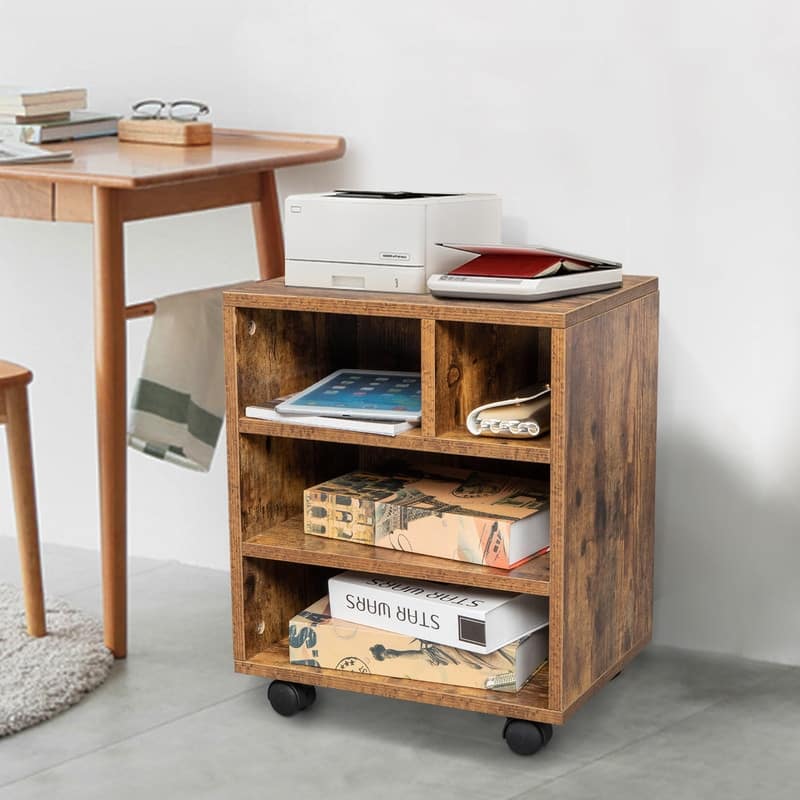 4 Grids Wooden Printer Stand With Wheels Antique Wood